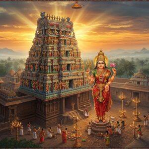 A majestic aerial view of Bannari Amman Temple during sunrise, with golden rays illuminating its ornate Dravidian gopuram decorated with intricate sculptures in vibrant colors (red, saffron, gold). The powerful goddess Bannari Amman stands in the center, depicted in her traditional form with four arms - holding a trishul in upper right hand, damaru in upper left, lower right hand in abhaya mudra, and lower left hand holding a lotus. She wears a bright red saree with gold border and traditional temple jewelry. The temple complex is surrounded by lush Sathyamangalam forest and mountains in misty blues and greens. In the foreground, devotees in traditional Tamil attire perform puja with camphor lamps creating a mystical glow. Detailed Madhubani-style patterns frame the scene, incorporating traditional South Indian temple motifs like peacocks, elephants, and lotus flowers in deep maroon and peacock blue. The lighting is dramatic with rays of divine light emerging from behind the gopuram, creating a supernatural aura. Art style combines hyperrealistic architectural details with ethereal spiritual elements, rendered in rich, saturated colors typical of Southern Indian temple art.