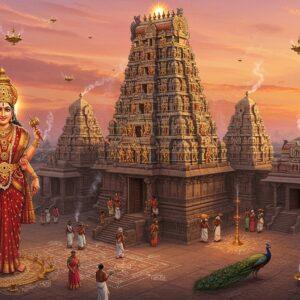 A majestic aerial view of Bannari Amman Temple at dawn, featuring intricate Dravidian architecture with golden-hued gopurams against a surreal pink-orange sky. The temple's main sanctum glows with divine light, surrounded by mystical floating lotus flowers and spiritual energy strands in warm gold and saffron. The powerful Goddess Bannari Amman stands in the foreground, depicted in traditional South Indian style with 8 arms holding weapons - trishul, sword, bell, and shield - adorned in a rich red silk saree with gold border, elaborate temple jewelry, and a radiant crown. Devotees in traditional Tamil attire circumambulate the temple premises, carrying flowers and offerings. The scene incorporates detailed Madhubani-style patterns in the sky, while the temple grounds feature intricate kolam designs glowing with subtle blue light. The atmosphere is enhanced by rising incense smoke creating ethereal patterns, with peacocks in the temple courtyard adding authenticity. Art style merges hyperrealistic architectural details with spiritual, surreal elements, emphasizing both the temple's grandeur and its divine essence.