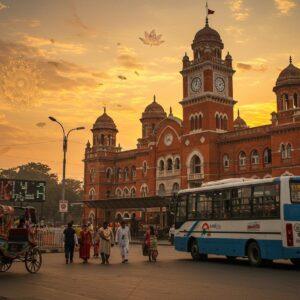 A bustling Indian transportation hub in Bardhaman, featuring a magnificent red-brick colonial-style railway station building with ornate arches and clock tower in traditional Bengali architecture style. In the foreground, a modern AC bus in blue and white Bengal state colors smoothly glides past. The scene is illuminated by a warm golden sunset, casting long shadows and creating a magical atmosphere. Traditional hand-pulled rickshaws with intricate Madhubani-style painted backs add local flavor. The station plaza features detailed Pattachitra-style border designs with peacock motifs. Floating above the scene are ethereal, translucent mandalas in saffron and deep blue. Modern LED displays blend seamlessly with heritage elements. Well-dressed Indian commuters in both traditional and contemporary attire move purposefully through the space. The lighting creates a dreamy, surreal quality while maintaining photorealistic details. The composition includes delicate lotus patterns in the sky, suggesting both progress and tradition. Hyper-detailed, cinematic, golden hour lighting, photorealistic with magical elements.