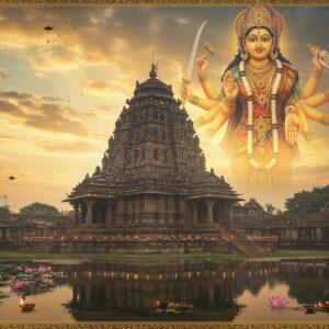 A majestic ancient stone temple with intricate Kalinga architecture rising against a mystical dawn sky, illuminated by golden sunlight. The temple's spire adorned with detailed carvings of various Hindu deities and celestial beings in Madhubani art style. In the foreground, a serene water body reflects the temple's image, surrounded by blooming lotus flowers in soft pink and white. A larger-than-life ethereal figure of Goddess Bhima with eight arms, each holding traditional weapons - trishul, sword, bow, arrow, shield, conch, lotus, and bell - appears as a semi-transparent overlay behind the temple, rendered in glowing golden light with peacock blue and saffron accents. The Goddess wears traditional Odishan temple jewelry and a richly decorated red and gold saree. The scene is enhanced with floating diyas, their flames creating a warm glow, and scattered flower petals in deep maroon and saffron. Intricate mandala patterns in gold emerge from the morning mist, while traditional Pattachitra-style border designs frame the entire composition. The atmosphere combines both grandeur and spirituality, with subtle rays of light piercing through morning clouds, creating a divine ambiance.