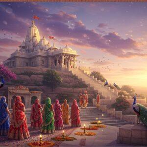 A serene panoramic view of Barsana hill temple at dawn, with soft golden sunlight illuminating the ancient stone architecture. In the foreground, a group of devotees in traditional Indian attire (colorful lehengas and kurtas) performing parikrama (clockwise circumambulation) around the temple. The path is adorned with marigold flowers and rose petals. The scene features intricate Madhubani-style borders with peacock motifs and lotus patterns. Radha Rani's temple sits majestically atop the hill, its white marble structure reflecting the morning light. Mystical purple and pink clouds swirl in the sky, creating a divine atmosphere. Several peacocks with detailed feathers are perched on the temple steps. The landscape includes sacred kunj groves with blooming kadamba trees. The lighting is ethereal with soft lens flares and golden particles floating in the air. The color palette focuses on deep purples, magentas, and gold with modern digital art techniques blending seamlessly with traditional Indian art elements. The composition should have a dreamy, cinematic quality with depth of field effects.
