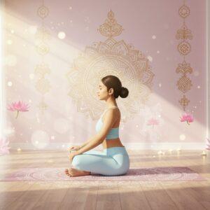 A serene indoor scene with a young Indian woman in a comfortable pastel blue yoga outfit practicing Sukhasana (easy pose) on a mandala-patterned yoga mat. Her posture is perfect, back straight, eyes gently closed, hands resting on knees in gyan mudra. Natural sunlight streams through large windows, creating a soft, ethereal glow. Behind her, a feature wall adorned with intricate gold Madhubani-style lotus patterns and geometric designs. The room has minimal decor with floating lotus flowers, gentle mist, and small glowing orbs of light. The color palette includes soft pastels - rose pink, mint green, and lavender, with accents of gold. The lighting is warm and inviting, casting a gentle halo around the practitioner. The overall composition suggests peace and accessibility, with the woman's slight smile indicating comfort and ease. The art style combines modern digital aesthetics with traditional Indian artistic elements, maintaining a clean, contemporary feel. Soft bokeh effects in the background create depth and ethereal atmosphere.