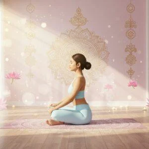A serene indoor scene with a young Indian woman in a comfortable pastel blue yoga outfit practicing Sukhasana (easy pose) on a mandala-patterned yoga mat. Her posture is perfect, back straight, eyes gently closed, hands resting on knees in gyan mudra. Natural sunlight streams through large windows, creating a soft, ethereal glow. Behind her, a feature wall adorned with intricate gold Madhubani-style lotus patterns and geometric designs. The room has minimal decor with floating lotus flowers, gentle mist, and small glowing orbs of light. The color palette includes soft pastels - rose pink, mint green, and lavender, with accents of gold. The lighting is warm and inviting, casting a gentle halo around the practitioner. The overall composition suggests peace and accessibility, with the woman's slight smile indicating comfort and ease. The art style combines modern digital aesthetics with traditional Indian artistic elements, maintaining a clean, contemporary feel. Soft bokeh effects in the background create depth and ethereal atmosphere.