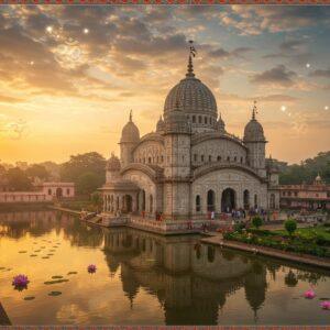 A majestic aerial view of Belur Math temple complex during golden sunset, featuring its iconic white marble domed structure with intricate Bengali architecture reflecting in the calm Hooghly River waters. The main temple exhibits a unique fusion of Hindu, Islamic, and Christian architectural elements, with detailed carved pillars and archways. Soft, ethereal light bathes the scene, creating a mystical atmosphere with floating lotus petals in the foreground. Sacred Om symbols and mandalas appear as subtle glowing elements in the sky. The composition includes devotees in traditional Bengali attire walking through the immaculately maintained gardens with blooming flowers. The scene is rendered in a style blending photorealistic architecture with ethereal Indian miniature painting techniques, featuring a color palette of ivory white, warm gold, deep maroon, and peaceful blue tones. Magical light rays pierce through clouds, creating a divine atmosphere. The perspective should emphasize the temple's grandeur while maintaining its serene, spiritual ambiance. Intricate Madhubani-style patterns adorn the borders of the scene.