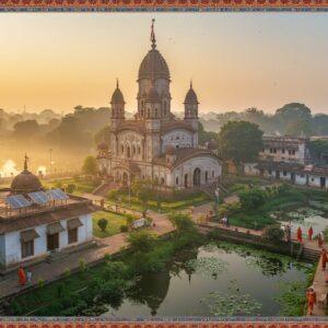A serene aerial view of Belur Math temple complex at golden hour, with the iconic white and terracotta main temple prominently featured, reflecting in the calm Hooghly river waters. The architecture showcases intricate Bengali-style fusion with Islamic, Hindu, and Christian elements. Modern guest houses with traditional Bengali architecture visible in the foreground, surrounded by well-maintained gardens with blooming lotus ponds. Soft, ethereal morning mist adding mystical atmosphere, with rays of sunlight filtering through. Several peaceful visitors and monks in saffron robes walking through the pathways. The scene features detailed Madhubani-style decorative patterns in the borders, with peacock blue and gold accents. Modern amenities like solar panels and comfortable seating areas visible but seamlessly integrated into the traditional setting. The lighting is warm and inviting, with soft glows around the temple spires. The overall composition suggests both spiritual sanctity and modern comfort, rendered in a style mixing traditional Indian art with contemporary digital aesthetics.