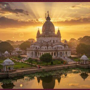 A majestic aerial view of Belur Math temple complex at golden hour, with its iconic white marble dome and British-Rajasthani-Islamic fusion architecture gleaming against a surreal sunset sky in deep saffron and purple hues. The main temple stands prominently, featuring intricate architectural details with perfect symmetry, surrounded by well-manicured gardens with blooming lotus ponds. Soft, ethereal rays of light pierce through clouds, creating divine light beams that illuminate the temple. In the foreground, a serene River Hooghly flows, reflecting the temple's grandeur like a mirror. Multiple small meditation pavilions dot the landscape, while devotees in traditional Indian attire can be seen as tiny silhouettes walking the pathways. The scene includes subtle Madhubani-style decorative elements in the borders, featuring peacocks and lotus motifs in deep maroon and peacock blue. The atmosphere carries a mystical quality with floating light orbs and subtle mandala patterns in the sky, creating a perfect blend of architectural magnificence and spiritual ambiance. The overall composition maintains photorealistic details while incorporating surreal, ethereal elements that enhance its divine presence.