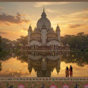 A majestic aerial view of Belur Math temple at golden hour, featuring its iconic white marble dome and Indo-Islamic architecture merging with Hindu temple design, reflecting perfectly in the serene Hooghly River. The foreground shows a beautifully detailed Madhubani-style border with intricate patterns of lotus flowers and peacocks. Warm sunlight bathes the scene, creating long shadows and highlighting the temple's architectural details. Two young Indian spiritual seekers in modern casual wear (one in kurta, one in saree) standing at the entrance, looking up in awe. The scene is enhanced with soft, glowing orbs of light scattered around, symbolizing spiritual energy. The sky features gentle pastel clouds in shades of orange and pink. Digital art style combining hyperrealistic architectural details with ethereal lighting and traditional Indian art elements. The overall composition suggests both grandeur and serenity, with careful attention to the temple's authentic structural details and surrounding gardens.