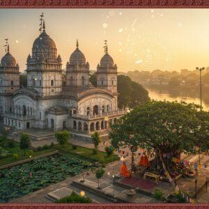 A majestic aerial view of Belur Math temple during golden hour, showcasing its distinctive Indo-Saracenic architecture with pristine white marble domes and towers reflecting in the calm Hooghly River. The temple complex is surrounded by lush gardens with blooming lotus flowers and perfectly manicured pathways. Soft rays of sunlight create a divine ethereal glow around the temple spires, with subtle golden mandala patterns floating in the air. In the foreground, an Indian monk in saffron robes is seated in peaceful meditation under a ancient banyan tree adorned with prayer flags. The scene features delicate traditional Madhubani-style border patterns in deep maroon and peacock blue. Mystical light particles and subtle spiritual symbols float in the air. The composition combines photorealistic architectural details with surreal spiritual elements, rendered in a style merging contemporary digital art with traditional Indian artistic motifs. The atmosphere conveys deep tranquility and spiritual power with a soft, warm color palette of whites, saffrons, and subtle golds.