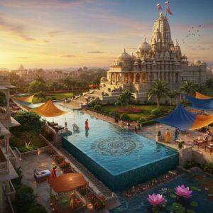 A magnificent aerial view of an opulent modern hotel with traditional Gujarati architectural elements, situated near a grandly detailed Dwarkadhish temple complex at sunset. The hotel features a stunning infinity pool on the rooftop reflecting golden sky hues, with intricate mandala patterns in the pool tiles. The foreground shows luxurious guest rooms with private balconies adorned with traditional jharokha designs. Indian guests in modern attire are seen enjoying various amenities - some relaxing in the pool, others in a serene yoga garden. The temple's shikhara towers majestically in the background, its intricate carvings highlighted by warm golden lighting. Peacocks roam the landscaped gardens connecting the hotel to the temple. The scene incorporates flowing fabric canopies in saffron and deep blue, creating elegant shade structures. The composition includes delicate lotus flowers floating in water features, with soft glowing diyas creating a spiritual atmosphere. Style combines hyperrealistic digital art with traditional Indian architectural elements, using a color palette of gold, royal blue, saffron, and cream, with ethereal lighting effects.