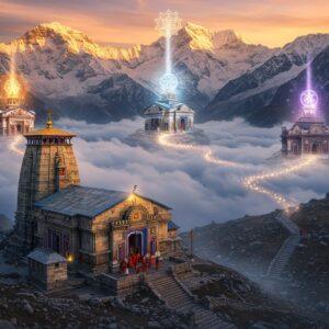 A majestic aerial view of snow-capped Himalayan peaks at sunrise, with the ancient Kedarnath temple in the foreground casting long shadows. The temple's intricate architecture is detailed with traditional North Indian temple style, surrounded by a golden ethereal glow. Behind it, three mystical pathways emerge, leading to stylized representations of Tungnath, Rudranath, and Madmaheshwar temples floating among clouds. Each temple radiates distinct colored auras - Tungnath in deep saffron, Rudranath in celestial blue, and Madmaheshwar in spiritual purple. Sacred Himalayan flowers like Brahma Kamal bloom along the pathways. Multiple stone steps wind through the mountains, illuminated by divine light streams. Small groups of pilgrims in traditional Indian attire are seen walking these paths. The scene features floating mandalas and yantra patterns in the sky, with Lord Shiva's trident symbol subtly appearing in the clouds. The art style combines hyperrealistic mountain landscapes with magical ethereal elements, rendered in rich colors of gold, deep blues, and sunset oranges. The lighting creates a mystical atmosphere with god rays piercing through clouds.