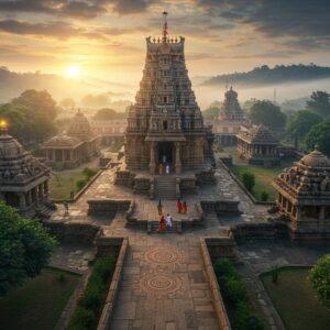 A stunning aerial perspective of ancient stone temples emerging from misty hills, with the iconic Padmakshi Temple in golden morning light as the focal point. In the foreground, a winding stone pathway decorated with intricate Kakatiya-era motifs leads to various temples. The scene features traditional Telangana architecture with detailed spires and mandapams in weathered granite. Ethereal light rays filter through clouds, illuminating sacred ponds and stepped wells. Rich vegetation with banyan trees and native flowers frame the temples. Small groups of devotees in traditional Indian attire walking between temples add scale and life. The color palette combines deep earth tones with mystical morning blues and golds. The art style merges hyperrealistic architectural details with dreamlike Madhubani-inspired patterns in the sky and foliage. Soft glowing auras around the temple spires suggest divine presence. Photorealistic texturing on the ancient stonework, with intricate carvings visible. Cinematic lighting with god rays and morning mist creating depth and atmosphere.