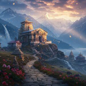 A majestic Himalayan landscape during sunrise, featuring the ancient Tungnath temple perched on a snow-capped peak with traditional Nagara architecture style in intricate detail. The temple glows with a warm golden light against the cool blue mountain backdrop. In the foreground, a winding stone pathway adorned with prayer flags leads to several smaller, mystical shrines and temples emerging from morning mist. Sacred peaks of Chaukhamba and Nanda Devi visible in the distance. The scene includes blooming Brahma Kamal flowers, indigenous to the region, scattered along the path. Multiple waterfalls cascade down the mountainside, creating ethereal mist. The composition combines hyperrealistic digital art with traditional Pahadi art style, featuring rich colors of deep maroon, saffron, and mountain blues. Sacred yaks graze peacefully in the meadows below. The entire scene is bathed in a divine, ethereal light with subtle golden particles floating in the air, suggesting spiritual energy. Rays of sunlight pierce through clouds, creating dramatic god rays illuminating different temples in the vista.