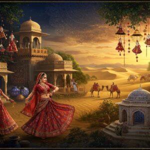 A mystical panoramic scene of a hidden Rajasthani village at golden hour, featuring intricate Madhubani-style patterns woven throughout. In the foreground, a traditionally dressed Rajasthani woman in a vibrant red and gold ghagra choli performs Ghoomar dance, her outfit flowing in elegant spirals. Behind her, artisans work on blue pottery, miniature paintings, and bandhani textiles under ornately carved wooden havelis. The scene transitions into desert landscapes with golden sand dunes, where camel caravans carry precious textiles. Hidden marble stepwells with geometric patterns emerge from the sand, their surfaces reflecting ethereal light. The sky features intricate mandala patterns in deep indigo and gold. Traditional puppets hang from trees adorned with mirror work and tiny bells. The lighting is warm and dramatic, with sun rays filtering through ancient banyan trees. The entire scene is rendered in a fusion of hyperrealistic digital art with traditional Rajasthani miniature painting style, emphasizing rich jewel tones of sapphire, ruby, and emerald, complemented by metallic gold accents.