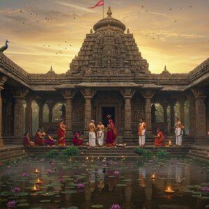 A majestic ancient stone temple with intricate Kalinga architecture rising against a mystical dawn sky, its spire adorned with detailed carvings of Hindu deities and symbolic motifs. The temple's reflection shimmers in a sacred pond filled with lotus flowers. In the foreground, a group of devotees in traditional Odishan attire (women in rich maroon and gold sarees, men in white dhotis) perform ritual offerings. Ornate stone pillars feature detailed Madhubani-style artwork depicting scenes from local folklore. Soft golden light filters through morning mist, creating a dreamlike atmosphere. The scene includes traditional oil lamps, their flames creating warm glows against the weathered stone walls. Traditional patterns and mandalas are etched into the temple's facade, with peacocks and sacred symbols integrated into the design. The composition combines hyperrealistic architectural details with ethereal lighting and surreal elements like floating flower petals and subtle spiritual auras. Art style merges traditional Indian temple architecture with modern digital fantasy aesthetics, emphasizing rich textures and atmospheric lighting.