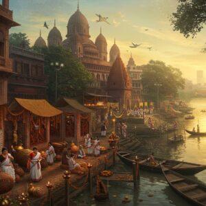 A mystical aerial view of Dakshineswar area at golden hour, featuring the iconic nine-spired Kali temple in the background with golden light reflecting off its spires. In the foreground, a vibrant Bengali marketplace with detailed Madhubani-style patterns showing local artisans creating traditional clay sculptures and weaving silk sarees. The scene transitions into narrow, atmospheric alleyways decorated with hanging marigold garlands and glowing diyas. A serene Hooghly river flows alongside, with wooden boats adorned with flowers. Small groups of devotees in traditional Bengali attire (women in white sarees with red borders, men in kurtas) navigate through the scene. The lighting is ethereal with warm golden rays filtering through morning mist, creating a dreamy atmosphere. The art style combines hyperrealistic architectural details with surreal, flowing patterns inspired by Pattachitra art. Rich colors of deep maroon, saffron, and peacock blue dominate, with accents of gold throughout. Cultural elements like brass utensils, terracotta temples, and traditional Bengali sweets add authentic details. The composition should have a cinematic quality with depth and atmospheric perspective.
