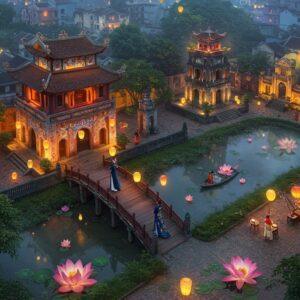 A mesmerizing aerial view of Hanoi's Old Quarter at twilight, rendered in a fusion of traditional Indian Madhubani and contemporary digital art style. The scene features intricate patterns of interweaving streets glowing with warm golden lantern light, creating mandala-like formations. In the foreground, a Vietnamese woman in an elegant ao dai dress in deep peacock blue with gold embroidery stands on a traditional wooden bridge. She's surrounded by floating lotus flowers in soft pink and white, their petals illuminated by paper lanterns. The background showcases the Temple of Literature with its distinctive curved roofs, painted in rich saffron and maroon hues, with detailed cultural motifs. Swirling mists in ethereal pastel blues and purples connect various elements of the cityscape. The composition includes delicate line work reminiscent of Pattachitra art, showing street vendors, ancient banyan trees, and colonial architecture. The lighting creates a dreamy, surreal atmosphere with soft glowing highlights and deep shadows, while maintaining photorealistic details of the architecture and cultural elements.