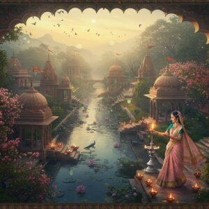 A mystical aerial view of Vrindavan at dawn, with golden sunlight filtering through morning mist. Ancient stone pathways wind through lush gardens filled with blooming Kadamba trees and peacocks. In the foreground, a young Indian woman in a flowing silk saree (pastel pink with gold border) performs a graceful dance with a silver lamp. Traditional Rajasthani-style archways adorned with intricate floral patterns frame the scene. Multiple miniature temples with ornate spires emerge from dense foliage, their copper domes catching sunlight. Floating lotus flowers and diyas illuminate the sacred Yamuna river, creating ethereal reflections. Krishna's flute music is visualized as swirling, glowing patterns in the air. The scene combines Madhubani art patterns in the borders with photorealistic central elements. Soft glowing orbs of light scatter throughout, suggesting divine presence. Color palette: deep blues, antique gold, saffron, and rose pink. The atmosphere is dreamy and transcendental, with hints of traditional architectural details and spiritual symbolism woven throughout.