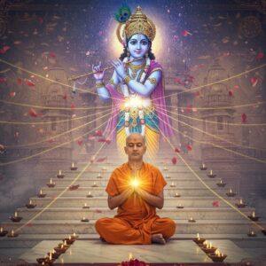 A serene Indian yogi in a flowing saffron dhoti seated in padmasana on a marble temple steps, hands folded in anjali mudra, radiating golden divine light from their heart chakra. Behind them, an ethereal vision of Lord Krishna playing his flute appears in swirling cosmic energy, rendered in vibrant peacock blues and soft purples. Intricate Madhubani-style patterns of lotus flowers and peacock feathers frame the scene. The background features a grand ancient temple with ornate architecture, with soft morning mist and floating flower petals. Multiple translucent golden threads of light connect the devotee's heart to Krishna, symbolizing divine connection. The lighting is dreamy and spiritual, with warm golden rays filtering through the scene. The entire composition has a modern digital art aesthetic while maintaining traditional Indian artistic elements. Subtle mandala patterns in pastel hues float in the atmosphere, and glowing diyas line the temple steps. The devotee's face shows expressions of pure love and spiritual ecstasy.