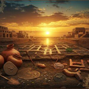 An ancient Indian archaeological site at sunset, featuring meticulously detailed Harappan-era buildings with characteristic burnt brick architecture and precise grid layouts. In the foreground, beautifully preserved terracotta pottery with intricate geometric patterns in earth tones, alongside copper tools and distinctive Harappan seals with unicorn motifs. A stylized river flows through the scene, rendered in shimmering indigo and gold, representing the ancient Saraswati River. The sky features a dramatic gradient from deep saffron to peacock blue, with subtle Madhubani-style patterns in the clouds. Archaeological tools and partially excavated artifacts emerge from rich, textured soil layers, showing different time periods. Mystical golden light illuminates the scene, creating an ethereal atmosphere. The composition includes delicate mandala patterns floating in the air, merging traditional Harappan symbols with contemporary digital art aesthetics. The scene is framed by intricate borders inspired by Harappan jewelry designs, rendered in metallic bronze and copper tones. Hyperrealistic digital art style with photographic textures, cinematic lighting, and atmospheric depth.