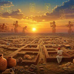 A panoramic view of an ancient Indus Valley city at sunset, centered on a meticulously detailed archaeological excavation site at Bhirrana. The foreground features partially unearthed terracotta pottery with distinctive Hakra ware patterns in earth tones. A ethereal, translucent overlay shows the city in its prime with well-planned streets, advanced drainage systems, and characteristic burnt brick architecture. Indian archaeologists in traditional attire (kurta-pajama) working with modern tools, their figures rendered in Madhubani art style. The sky features a mystical gradient from deep saffron to peacock blue, with intricate mandala patterns subtly woven into the clouds. Ancient trade activities depicted through ghostly figures carrying pottery and grains. The scene is illuminated by a combination of golden archaeological lamps and ethereal spiritual light, creating a bridge between past and present. The composition includes authentic Indus Valley symbols and seals floating in the air, rendered in gold with a subtle glow. The entire scene is framed by traditional Indian architectural motifs and patterns inspired by Harappan geometric designs. Photorealistic details merged with traditional Indian art style, emphasizing historical accuracy with a touch of magical realism.