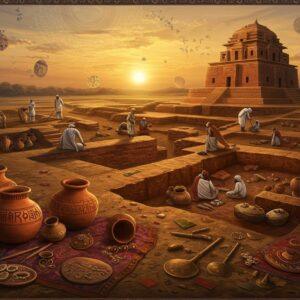 A meticulously detailed archaeological site at sunset, featuring ancient Harappan ruins in warm terracotta tones, with Indian archaeologists in modern attire carefully excavating artifacts. The foreground showcases perfectly preserved pottery with intricate Harappan symbols, copper tools, and jewelry displayed on traditional cloth. The scene is illuminated by golden evening light, creating dramatic shadows across the excavation layers. Multiple timeline elements are artistically blended - ancient structural remains transitioning into complete buildings through ethereal overlays, showing how they might have looked in their prime. Decorative Madhubani-style borders frame the scene, incorporating traditional Harappan motifs and symbols. The color palette features rich earthy browns, deep terracotta reds, and burnished golds, with subtle peacock blues in the sky. Floating geometric patterns inspired by Harappan seals swirl in the air, creating a mystical atmosphere. The composition includes both ground-level and aerial perspectives, with translucent layers showing the stratigraphy of the site. A subtle mandala-like pattern in the sky represents the passage of time, with its rings containing glimpses of different historical periods.