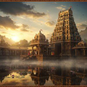 A majestic ancient Dravidian temple complex nestled at the base of Nandi Hills, captured during golden hour with sun rays filtering through clouds. The temple's ornate tower features intricate South Indian architecture with multiple tiers adorned with detailed sculptures of deities and mythological figures. In the foreground, a serene water tank reflects the temple's image, surrounded by blooming lotus flowers. The main shrine shows Lord Shiva and Parvati in traditional Karnataka temple architecture style. Rich colors dominate - deep maroons, golden yellows, and earth tones. Ethereal mist surrounds the temple base, creating a mystical atmosphere. The scene incorporates Madhubani-style decorative patterns in the borders, with floating mandalas and symbolic motifs. A few devotees in traditional Indian attire walking through the temple courtyard, adding human element. The lighting is warm and dramatic, with soft glowing highlights on the temple's stone surfaces. The composition includes the iconic Nandi Hills silhouette in the background, rendered in a dreamy, watercolor-like style. Hyperrealistic digital art with spiritual undertones, 8k resolution, cinematic lighting.
