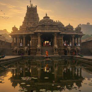 Ancient stone temple complex with intricate Dravidian architecture rising against misty Nandi Hills at sunrise, detailed carved granite pillars with ornate designs, central shrine illuminated by golden morning light, reflecting pool in foreground creating perfect mirror image, flowering lotus in water, stone elephants guarding entrance, elaborate gopuram with multi-tiered structure showing detailed mythological sculptures, Lord Shiva and Goddess Parvati idols visible through main entrance, devotees in traditional attire performing morning rituals, intricate Hoysala-style wall panels depicting scenes from epics, warm color palette of earthy browns and golds with touches of deep red and saffron, soft morning mist adding ethereal atmosphere, peacocks near temple steps, style mixing traditional Indian temple architecture photography with mystical digital art enhancement, cinematic lighting highlighting architectural details, hyper-detailed stone textures, photorealistic quality with subtle fantasy elements