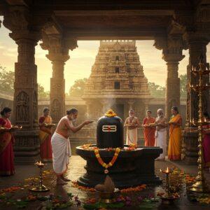 A majestic ancient Dravidian temple complex with intricate stone carvings, featuring the main shrine of Bhoganandishwara Temple during sunrise, with golden sunrays filtering through ornate pillars. In the foreground, a serene priest in traditional white dhoti performs abhisheka to a black granite Shiva lingam, with sacred water cascading down, surrounded by brass oil lamps and fresh flower garlands. The temple pushkarini (water tank) reflects the architectural grandeur, with lotus flowers floating on its surface. Devotees in colorful traditional attire circumambulate the temple, holding brass plates with offerings of yellow flowers and coconuts. Intricate Hoysala-style wall sculptures tell mythological stories in deep relief. The scene is illuminated by both natural golden sunlight and the warm glow of ghee lamps, creating a mystical atmosphere with subtle smoke from burning camphor. Art style combines hyperrealistic digital rendering with traditional Indian Miniature painting techniques, emphasizing rich colors like deep maroon, gold, and peacock blue. The overall composition should capture both the architectural magnificence and the intimate spiritual moments of temple rituals.