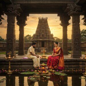 A breathtaking view of an ancient Dravidian temple wedding ceremony at sunset, featuring ornate stone pillars with intricate Hoysala carvings and a majestic 1000-year-old temple tower in the background. In the foreground, a young Indian couple in traditional Karnataka wedding attire - the bride in a rich maroon Kanjeevaram silk saree with gold border and traditional temple jewelry, the groom in an ivory and gold silk dhoti with angavastram. They're seated on an elaborate mandap decorated with fresh jasmine garlands, banana leaves, and marigold flowers. The natural light casts a warm golden glow through the stone pillars, creating dramatic shadows. Floating diyas and brass temple lamps illuminate the scene with a soft, ethereal light. The temple pond reflects the entire scene like a mirror, with lotus flowers dotting its surface. The architectural details show perfect symmetry with detailed stone carvings of celestial dancers and mythological scenes. The atmosphere combines Madhubani-style decorative elements with photorealistic architectural details, rendered in a modern digital art style with rich, deep colors and atmospheric lighting. Perspective should be wide and cinematic, capturing both the grandeur of the temple architecture and the intimate moment of the ceremony.