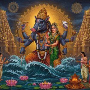 A majestic illustration of Lord Varaha in his divine form, depicted as a cosmic-sized boar with deep blue-black skin adorned with golden ornaments, carrying Mother Earth (portrayed as a beautiful Indian woman in a green and gold saree) on his tusks. His four hands hold the Sudarshana Chakra, Conch, Mace, and Lotus respectively. The scene shows him emerging from celestial waters with intricate Madhubani-style waves in deep indigo and turquoise. The background features a grand temple architecture in South Indian style with ornate gopurams decorated with detailed sculptures and golden elements. Floating lotus flowers and devotees performing traditional rituals with camphor lamps create a dynamic foreground. The lighting is mystical with divine rays emerging from behind the deity, creating a golden aura. The color palette includes rich maroons, deep blues, gleaming gold, and emerald greens. The art style combines traditional Pattachitra patterns with modern digital techniques, featuring detailed texturing and atmospheric lighting. Multiple glowing mandalas float in the background, adding a spiritual dimension.