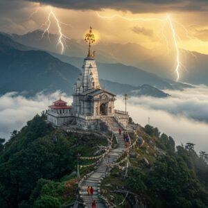 A majestic Shiva temple perched atop a misty Himalayan peak at 2,460 meters, illuminated by dramatic lightning strikes in the background. The 60-foot tall staff adorned with brass bells gleams in the mystical light. The temple's white marble architecture features intricate Pahari style carvings. In the foreground, a winding mountain trail leads upward through verdant deodar forests, with small groups of pilgrims in traditional Himachali attire making their way up. Soft golden morning light filters through clouds, creating a divine atmosphere. The scene includes prayer flags fluttering in the mountain breeze and small waterfalls cascading down rocky cliffs. The color palette combines deep blues and greens of the mountains with warm golden sunlight and white temple architecture. The art style merges photorealistic landscape photography with ethereal digital painting techniques, emphasizing the spiritual significance with subtle golden auras and glowing mandalas in the sky. Delicate smoke from incense creates swirling patterns in the air, and small oil lamps dot the temple entrance.