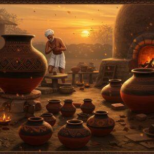 An intricate scene of an ancient Indian pottery workshop at sunset, featuring a master artisan in traditional dhoti crafting a large Black and Red Ware vessel on a traditional wheel. The pottery has distinct geometric patterns and a precise demarcation between black and red sections. The foreground displays completed vessels arranged in a circular Mandala pattern, some with characteristic black tops and red bottoms. The background shows a traditional kiln with glowing embers, creating dramatic lighting that highlights the pottery's dual-toned nature. Scattered around are tools and materials used in the ancient crafting process. The scene is rendered in a fusion of Madhubani and modern digital art style, with intricate border patterns featuring traditional Indian motifs. The color palette emphasizes deep blacks, rich terracotta reds, and warm golden hues from the setting sun. The lighting is mystical with soft glowing elements around the pottery, suggesting their historical significance. The atmosphere is dusty and authentic, with floating clay particles catching the golden light. Hyperrealistic textures on the pottery surfaces show fine details of the ancient crafting techniques.