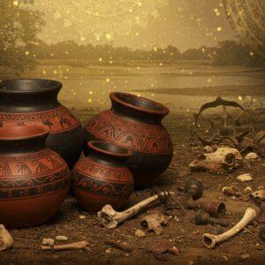 A detailed archaeological scene featuring ancient Indian black and red ware pottery displayed prominently in the foreground, with intricate Madhubani-style decorative borders. The pottery pieces show distinctive geometric patterns and cultural motifs in deep black and rich terracotta red. Behind the pottery, a mystical excavation site of Adichanallur emerges with golden ethereal light filtering through, creating a dreamlike atmosphere. Weathered ancient tools, delicate bone fragments, and metal artifacts scatter artistically around the pottery. The background features a stylized riverbank scene with soft, glowing mandala patterns in the sky, representing the Tamirabarani River. The color palette combines deep earthen tones of the pottery with supernatural golden light and subtle peacock blues. The entire scene is rendered in a fusion of traditional Pattachitra art style with modern digital aesthetics, with floating particles of golden light adding a magical quality. The composition emphasizes the pottery while maintaining a surreal, spiritual connection to the ancient Tamil civilization.