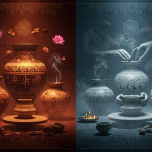 A dramatic split-screen composition showcasing ancient Indian pottery, with the left half featuring intricately detailed Black and Red Ware vessels with geometric patterns and ritualistic motifs, illuminated by warm golden light against a deep maroon background. The right half displays elegant Painted Grey Ware pottery with delicate concentric circles and sun patterns, bathed in cool silvery light against a misty blue backdrop. Both sections feature ethereal, translucent hands of Indian artisans crafting these vessels on traditional pottery wheels. Floating lotus flowers, mandalas, and swirling smoke connect both halves. The scene is enhanced with subtle Madhubani-style border patterns and metallic gold accents. Photorealistic 3D rendering with cinematic lighting, depth of field, and atmospheric haze. The pottery pieces should be historically accurate to the respective periods, with authentic patterns and shapes from archaeological findings.