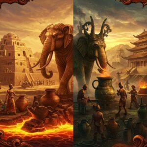 A majestic split-screen composition showcasing ancient Indian and Chinese civilizations, divided by an ornate bronze dragon-elephant hybrid sculpture. On the left, the Indus Valley scene features bronze-skinned merchants in dhoti trading copper from Rajasthan, with the Great Bath of Mohenjo-daro in background, decorated with intricate Harappan seals and pottery patterns. Dancing peacocks and lotus motifs frame the scene. On the right, Shang Dynasty bronze ritual vessels with taotie masks, Chinese craftsmen casting elaborate bronze artifacts, and palatial structures with curved roofs. The entire scene is rendered in rich metallic bronze, copper, and gold tones, with ethereal smoke wisps connecting both civilizations. Soft mystical lighting highlights the metallurgical achievements, with detailed patterns inspired by both cultures' artifacts. The art style combines traditional Madhubani patterns with Chinese brush painting techniques, rendered in a modern digital aesthetic with dramatic lighting and atmospheric depth. The scene is framed by stylized waves of molten bronze forming a decorative border with both Harappan and Chinese symbols.