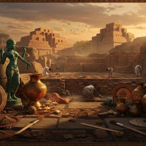 A stunning archaeological scene depicting an ancient Bronze Age Indian settlement at sunset, featuring intricately detailed bronze artifacts in the foreground - dancing girl statue from Mohenjo-daro, decorative copper plates, and ornate bronze vessels with geometric patterns. The background shows massive burnt-brick structures of Harappan architecture with precise grid layouts, step wells, and the Great Bath. Archaeological tools like brushes and measuring equipment scattered artistically around. The lighting is dramatic with warm golden sunlight casting long shadows, creating an ethereal atmosphere. The scene includes authentically dressed Indian archaeologists carefully excavating. The color palette combines deep browns, coppers, and bronze tones with touches of turquoise and terracotta. Traditional Madhubani-style border patterns frame the scene, while lotus motifs emerge from weathered stones. The composition includes subtle sacred geometry and mandala patterns in the artifact arrangements. Rendered in a style merging hyperrealistic archaeological illustration with mystical Indian art elements, emphasizing both scientific accuracy and spiritual significance. Soft particle effects suggest ancient dust catching the sunset light.