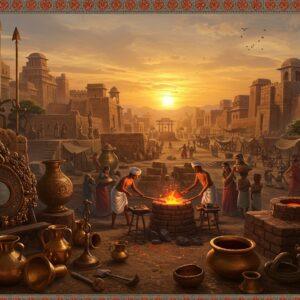 A majestic panoramic scene of an ancient Indian Bronze Age settlement at sunset, featuring intricately detailed bronze tools and artifacts in the foreground, including gleaming ornate mirrors, sophisticated weapons, and decorative items. In the center, skilled Indian craftsmen wearing traditional dhoti work at a bronze foundry with molten metal glowing orange-red. The background shows mud-brick architecture with elaborate geometric patterns, reminiscent of Harappan civilization. Prayer bells and bronze statues line the streets. Rich, warm colors dominate - deep bronze, burnished gold, terracotta red, and royal blue. The scene incorporates Madhubani-style decorative elements in the borders, with peacocks and lotus motifs. Soft, ethereal lighting highlights the metalwork, creating a mystical atmosphere. The settlement is bustling with life - traders carrying bronze goods, women in traditional attire carrying water in bronze vessels, and children playing with bronze toys. Advanced drainage systems and wells visible in the urban planning. The sky features a mandala-like sun setting behind the city walls, casting golden rays across the scene. Photorealistic digital art style with attention to historical accuracy in architecture and artifacts.