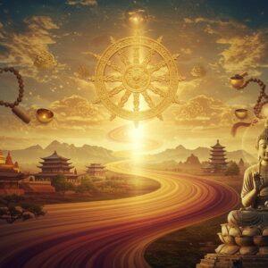 A serene panoramic scene showing the transformation of Buddhism across Asia, featuring a golden dharmachakra wheel at the center emitting ethereal light rays. The wheel transitions into a flowing river of soft saffron and deep maroon silk that winds through different Asian landscapes - from ancient Indian stupas, to Chinese pagodas, Japanese zen gardens, and Tibetan monasteries. In the foreground, a highly detailed Buddha statue in Dhyana mudra position sits on a blooming lotus platform, rendered in the style of Ajanta cave paintings but with modern digital aesthetics. The background showcases stylized clouds in peacock blue and gold, forming subtle mandala patterns. Multiple Buddhist symbols float ethereally - the Bodhi tree with golden leaves, prayer beads, and singing bowls creating ripples of golden light. The lighting is mystical with soft glows and halos, creating a dreamlike atmosphere. The art style merges traditional Asian architectural elements with contemporary digital art techniques, featuring intricate patterns and cultural motifs. The color palette focuses on deep golds, rich maroons, peaceful blues, and gentle earth tones, creating a harmonious and spiritually evocative composition.