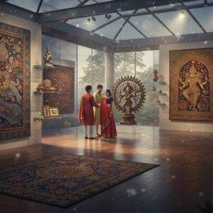 A detailed, ethereal scene of a sunlit modern gallery space with soaring glass windows, featuring a stunning display of diverse Indian artworks. In the foreground, a large, intricately detailed Madhubani painting depicting peacocks and lotus motifs in rich indigo and gold. To its right, a magnificent Tanjore painting with raised gold work catching light. The center showcases a contemporary bronze Nataraja sculpture on a floating glass pedestal, surrounded by a soft golden aura. The left wall displays vibrant Gond art with detailed patterns in earth tones. Floating glass shelves hold delicate miniature paintings and traditional pottery. The space is illuminated by warm, directional lighting creating dramatic shadows. In the scene's middle ground, a sophisticated Indian couple in modern fusion wear (him in a designer kurta, her in a contemporary silk saree) thoughtfully examining the artworks. The entire scene is rendered in a style blending hyperrealistic digital art with traditional Indian aesthetic elements, featuring a color palette of deep sapphire, burnished gold, royal purple, and warm ivory. Ethereal particles of light dance through the air, creating a mystical atmosphere. The perspective draws the viewer into the scene, with subtle mandala patterns in the polished floor reflecting the artwork above.
