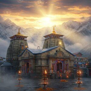 A majestic snow-capped Himalayan temple complex of Kedarnath emerging through misty clouds, illuminated by golden dawn light. The ancient stone structure features intricate Nagara architecture with detailed carved pillars and a pyramidal spire adorned with sacred symbols. Lord Shiva's dwelling place sits against dramatic mountain peaks, with prayer flags fluttering in the wind. The foreground shows a stone pathway lined with ornate oil lamps and scattered marigold flowers. Multiple tiers of the temple are visible, each with detailed carvings of deities and geometric patterns in traditional North Indian temple architecture style. The scene is enhanced with ethereal elements - swirling spiritual energy in blues and golds, floating lotus petals, and subtle mandalas in the sky. The lighting creates a divine atmosphere with god rays piercing through clouds, highlighting the temple's weathered stone texture. The composition maintains historical accuracy while incorporating surreal elements like glowing auras and mystical mist. Hyperrealistic digital painting style with attention to architectural details, stone textures, and atmospheric effects. The mood is deeply spiritual and awe-inspiring.