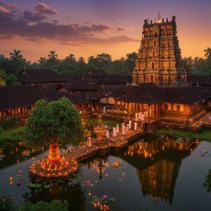 A majestic aerial view of Chakkulathukavu Temple complex at twilight, with the main shrine illuminated by warm golden light and traditional Kerala-style oil lamps. The traditional Kerala architecture features deep red-tiled roofs, intricate wooden carvings, and brass-covered temple spires. In the foreground, a serene pond reflects the temple's image, surrounded by blooming lotus flowers and floating diyas. The sacred banyan tree adorned with red and gold cloth stands prominently. Devotees in traditional Kerala attire (women in cream and gold kasavu sarees, men in mundus) circumambulate the temple. The background shows a mystical sky with soft purple and orange hues, with delicate mandala patterns subtly visible in the clouds. The entire scene is rendered in a fusion of Malayali temple art style and modern digital art, with intricate details in gold leaf effect, especially on the temple's architectural elements. Soft divine light emanates from the sanctum sanctorum, creating a mystical atmosphere. The sacred grove (kavu) surrounding the temple features lush tropical vegetation with specific Kerala flora, all rendered in deep emerald greens with golden highlights.