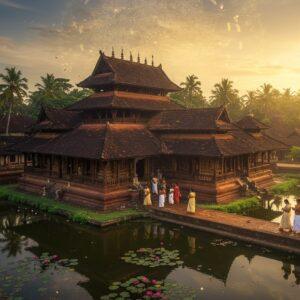 A majestic aerial view of Chakkulathukavu Temple during dawn, with golden sunrays illuminating its traditional Kerala architectural style, featuring sloped terracotta-tiled roofs and intricate wooden carvings. The temple pond reflects the structure perfectly, with blooming pink lotus flowers dotting its surface. In the foreground, a group of devotees in traditional Kerala attire (women in cream and gold kasavu sarees, men in white mundu) walk through the temple courtyard. The scene is enhanced with ethereal elements - delicate flower petals floating in the air, soft morning mist, and a large, translucent mandala pattern overlaying the sky in golden hues. The surrounding landscape shows lush green coconut palms and tropical foliage typical of Kerala. The lighting is warm and mystical, with god rays filtering through morning mist, creating a serene and inviting atmosphere. Art style combines photorealistic architecture with ethereal magical elements, rendered in rich, deep colors of gold, maroon, and forest green, with intricate Pattachitra-inspired patterns adorning the temple walls.