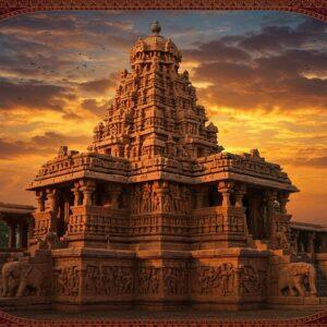 A majestic panoramic view of the iconic Virupaksha Temple at Pattadakal, rendered in rich golden-orange sunlight, with intricate Chalukyan architectural details highlighted in deep saffron and burgundy. The temple's pyramidal structure rises against a mystical twilight sky filled with swirling Madhubani-style clouds in peacock blue and deep purple. In the foreground, detailed stone sculptures of celestial dancers come alive, their traditional jewelry and flowing garments depicted in ornate Pattachitra style. Multiple levels of the temple showcase characteristic Chalukyan elements - stepped diamond designs, intricate medallions, and elaborate friezes depicting scenes from Hindu epics. The scene is illuminated by warm, ethereal light streaming through the temple's distinctive pillared halls. Surrounding the temple are beautifully carved stone elephants and horses, with delicate lotus motifs and geometric patterns characteristic of Chalukyan art adorning the base. The entire composition is framed by an elaborate mandala pattern incorporating traditional Chalukyan motifs in metallic gold and deep maroon, creating a seamless blend of historical accuracy and contemporary digital art aesthetic.