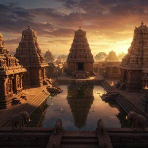 A majestic aerial view of Aihole, Badami, and Pattadakal temples merged into one dreamlike landscape, with ornate Chalukyan architecture featuring their signature carved pillars and stepped water tanks. The temples glow in warm golden sunlight, with intricate stone carvings of mythological scenes and geometric patterns visible in stunning detail. The scene includes towering shikaras with their distinctive curved forms, adorned with detailed sculptures. In the foreground, a reflective pool mirrors the ancient structures, creating a symmetrical composition. The environment features historically accurate elements like stone-carved elephants, traditional lamp posts, and period-specific architectural details. The sky shows a dramatic sunset with deep oranges and purples, casting long shadows across the weathered stone structures. Soft, ethereal mist weaves between the temples, adding depth and mystery. The scene incorporates traditional Chalukyan motifs and symbols, rendered in a style that blends classical Indian art with modern digital aesthetics. Hyperrealistic texture on the stone surfaces, with subtle floating golden particles in the air suggesting a mystical atmosphere. The lighting emphasizes the architectural grandeur while maintaining historical accuracy in structural details.