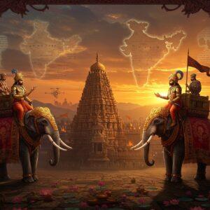 A majestic panoramic scene depicting two Chalukyan warriors in ornate golden armor and red silk dhotis, mounted on decorated war elephants with intricate caparisons, facing each other in a diplomatic gesture. The warriors wear distinctive Chalukyan-style crowns with sun emblems. Between them stands an elaborate stone temple with typical Chalukyan architecture featuring stepped diamond designs and intricate carvings. The background shows a sprawling medieval Indian cityscape with both burning towers signifying war and ceremonial flowers indicating alliances. The scene is illuminated by a dramatic sunset with rich oranges and deep purples, casting long shadows. Floating above are ethereal, translucent maps showing the Chalukyan empire's territories in golden light. Traditional Chalukyan motifs and patterns frame the scene, with delicate lotus flowers and peacock motifs in deep maroon and peacock blue. The style combines hyperrealistic detail with traditional Indian Madhubani patterns, creating a surreal, timeless quality. Dynamic light rays pierce through the scene, highlighting key elements while Sanskrit scriptures float as ghostly elements in the background.