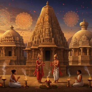 A grand ancient Indian temple complex showcasing three distinct architectural styles - a ornate Hindu shikhara, a elegant Jain temple, and a Buddhist stupa, all seamlessly blending together in golden hour lighting. The central focus shows two Chalukya kings in royal attire with elaborate crowns and jewelry, performing religious rituals. The scene features intricate Chalukyan-style carved pillars with detailed reliefs of Hindu deities, Buddhist monks, and Jain Tirthankaras. Floating mandalas in saffron and gold hover above each religious structure. The foreground displays devotees in period-accurate 6th-century clothing offering prayers, with sacred flames, lotus flowers, and religious symbols characteristic of all three faiths. The background shows mystical glowing patterns inspired by Badami cave temples, with peacock blue and deep maroon color palette. The scene is rendered in a fusion of traditional Pattachitra art style with modern digital aesthetics, featuring intricate line work and rich textures. Ethereal light rays filter through the temple windows, creating a divine atmosphere with floating flower petals and incense smoke.