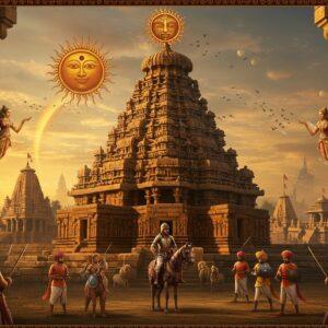 A majestic scene depicting the grandeur of Chalukya architecture, centered on the iconic Virupaksha Temple at Pattadakal, rendered in intricate Madhubani-style detailing. The temple structure glows with warm golden light, its elaborate carvings and sculptures highlighted in deep saffron and peacock blue. In the foreground, a dramatic tableau shows Chalukyan warriors in traditional armor and regalia, mounted on decorated horses, with detailed metalwork on their shields and swords. The sky features a stylized sun mandala incorporating Chalukyan emblems and motifs. The scene is framed by ornate pillars featuring the signature Chalukyan architectural elements - stepped diamonds, lotus medallions, and geometric patterns. Floating celestial apsaras in flowing garments add movement in the corners. The background showcases miniature versions of other famous Chalukyan temples like Durga Temple and Sangameshwara Temple, connected by swirling patterns of gold and deep maroon. The overall composition maintains historical accuracy while incorporating surreal elements like glowing auras and ethereal light effects. Hyperrealistic digital art style with rich textures and dramatic lighting.
