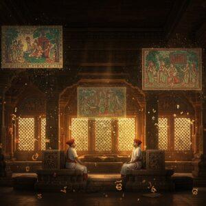 A majestic Indian palace library in Chalukyan architectural style with ornate pillars and intricate stone carvings, illuminated by warm golden light streaming through traditional jali windows. In the foreground, two scholars in period-accurate 6th-century royal attire seated on carved stone platforms, surrounded by ancient palm leaf manuscripts and copper plates with Early Kannada and Sanskrit inscriptions. The scene features the distinctive Chalukyan motifs - lotus medallions, mythical creatures, and geometric patterns adorning the walls. Floating ethereally above them are semi-transparent, glowing manifestations of literary works - scenes from the Kaviraja Marga and Vikramarjuna Vijaya rendered in traditional Pattachitra style but with modern digital aesthetics. The color palette combines deep maroons, royal blues, and burnished gold, with accent lighting creating a mystical atmosphere. The background showcases the iconic stepped diamond design of Chalukyan architecture, with each diamond containing miniature scenes of court poets, dance performances, and scholarly debates. Soft particles of golden light drift through the air, mixed with spectral ink letters that dissolve into abstract patterns. Hyperrealistic digital art style with magical realism elements, 8k resolution, cinematic lighting.