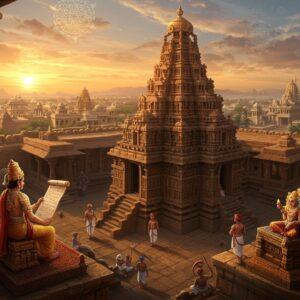 A majestic aerial view of a grand Chalukyan palace-temple complex at sunset, featuring the iconic stepped diamond-shaped architecture of Durga Temple, Aihole in the center. The scene shows intricate stone carvings and ornate pillars with detailed reliefs in warm sandstone colors. In the foreground, a noble Chalukyan king in rich royal attire (golden crown, silk dhoti, jeweled accessories) sits on an ornate throne, surrounded by ministers in traditional Indian courtly dress. The king holds a golden scroll representing administrative decrees. The background reveals a sprawling ancient city with multiple temples, markets, and fortified walls extending to the horizon. Mystical golden light bathes the scene, with floating translucent mandalas and sacred geometric patterns in the sky. Modern digital art style merges with traditional Indian Pattachitra patterns. The scene includes small details like royal elephants, armed guards, and traders suggesting a thriving empire. Art style should be hyper-detailed, ethereal, with rich colors like deep gold, terracotta red, and royal blue, creating a perfect blend of historical accuracy and mystical atmosphere.