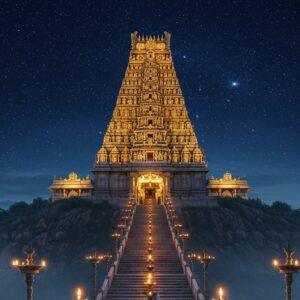 A majestic night view of Chamundeshwari Temple atop Chamundi Hills, illuminated by warm golden lights against a deep indigo sky filled with twinkling stars. The towering gopuram features intricate Dravidian architecture with multiple tiers adorned with detailed sculptures of deities and mythological figures, rendered in the Mysore style. In the foreground, a grand stone stairway leads up to the temple, lined with traditional brass oil lamps casting a mystical glow. Goddess Chamundeshwari appears as a divine ethereal form above the temple, portrayed with eight arms holding traditional weapons - trishul, sword, mace, chakra, conch, bell, bow, and arrow, wearing a red silk saree with gold border and adorned with traditional South Indian temple jewelry. Soft mist swirls around the base of the hills, creating a mystical atmosphere. The scene incorporates elements of both photorealistic architectural detail and spiritual symbolism, with subtle mandala patterns in the sky. The color palette focuses on deep blues, warm golds, rich reds, and ethereal white lights, creating a powerful spiritual atmosphere. Hyperrealistic digital art style with atmospheric lighting.